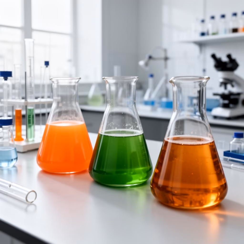 Laboratory bench with colorful liquids in test tubes and flasks next to fresh fruits and herbs, symbolizing food science or natural product research.