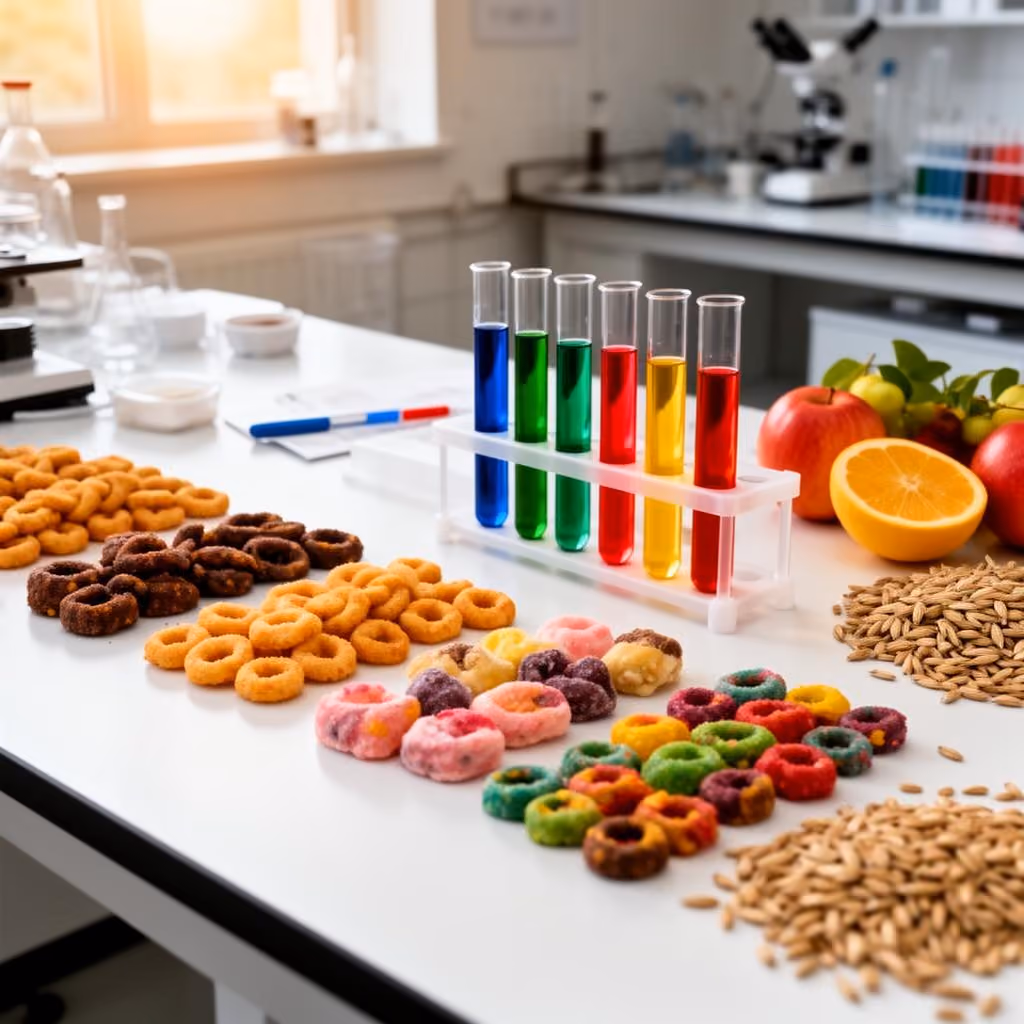 Laboratory bench with colorful liquids in test tubes and flasks next to fresh fruits and herbs, symbolizing food science or natural product research.