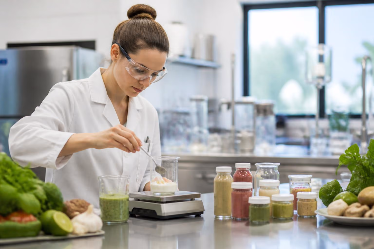 Laboratory bench with colorful liquids in test tubes and flasks next to fresh fruits and herbs, symbolizing food science or natural product research.