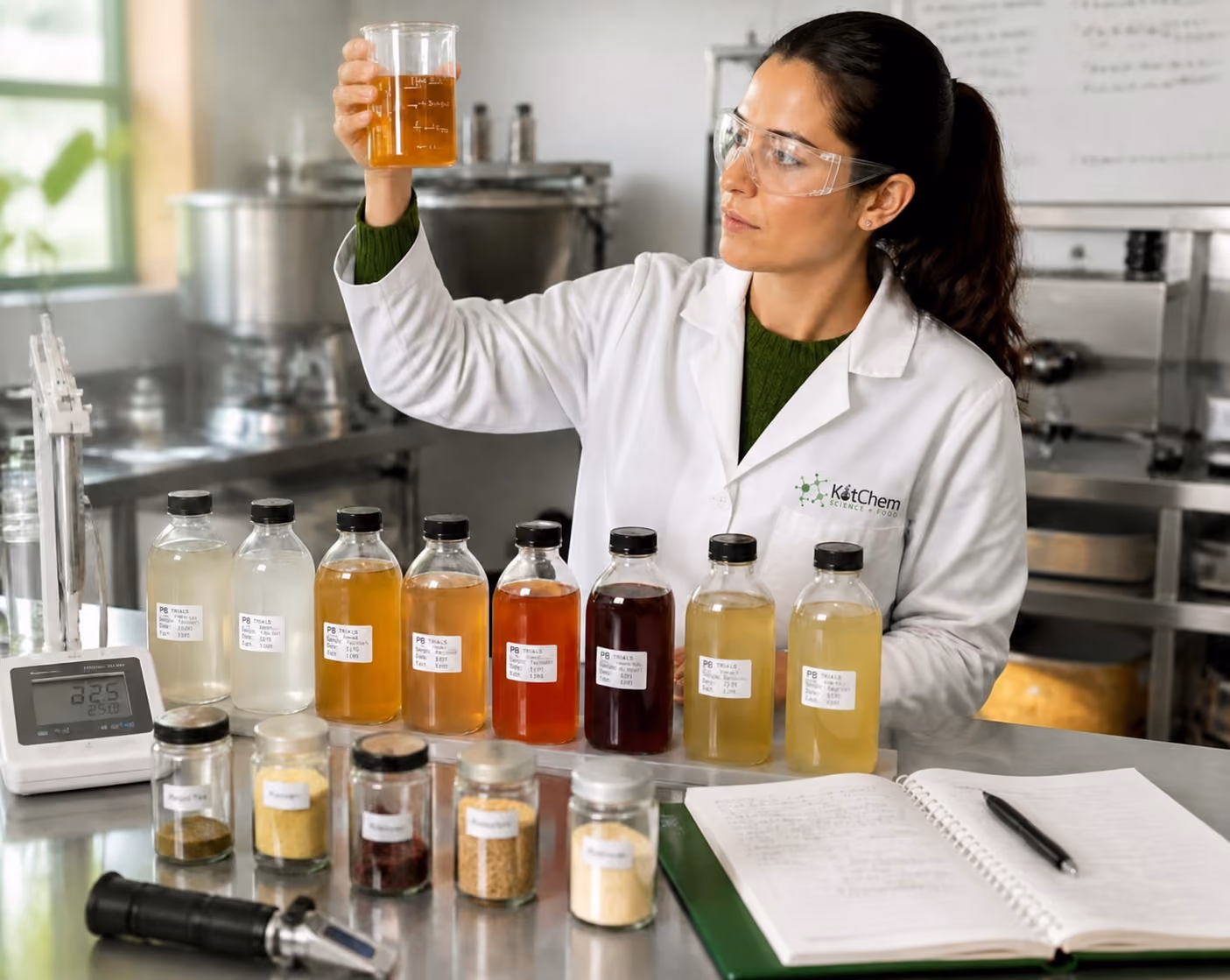 Laboratory bench with colorful liquids in test tubes and flasks next to fresh fruits and herbs, symbolizing food science or natural product research.