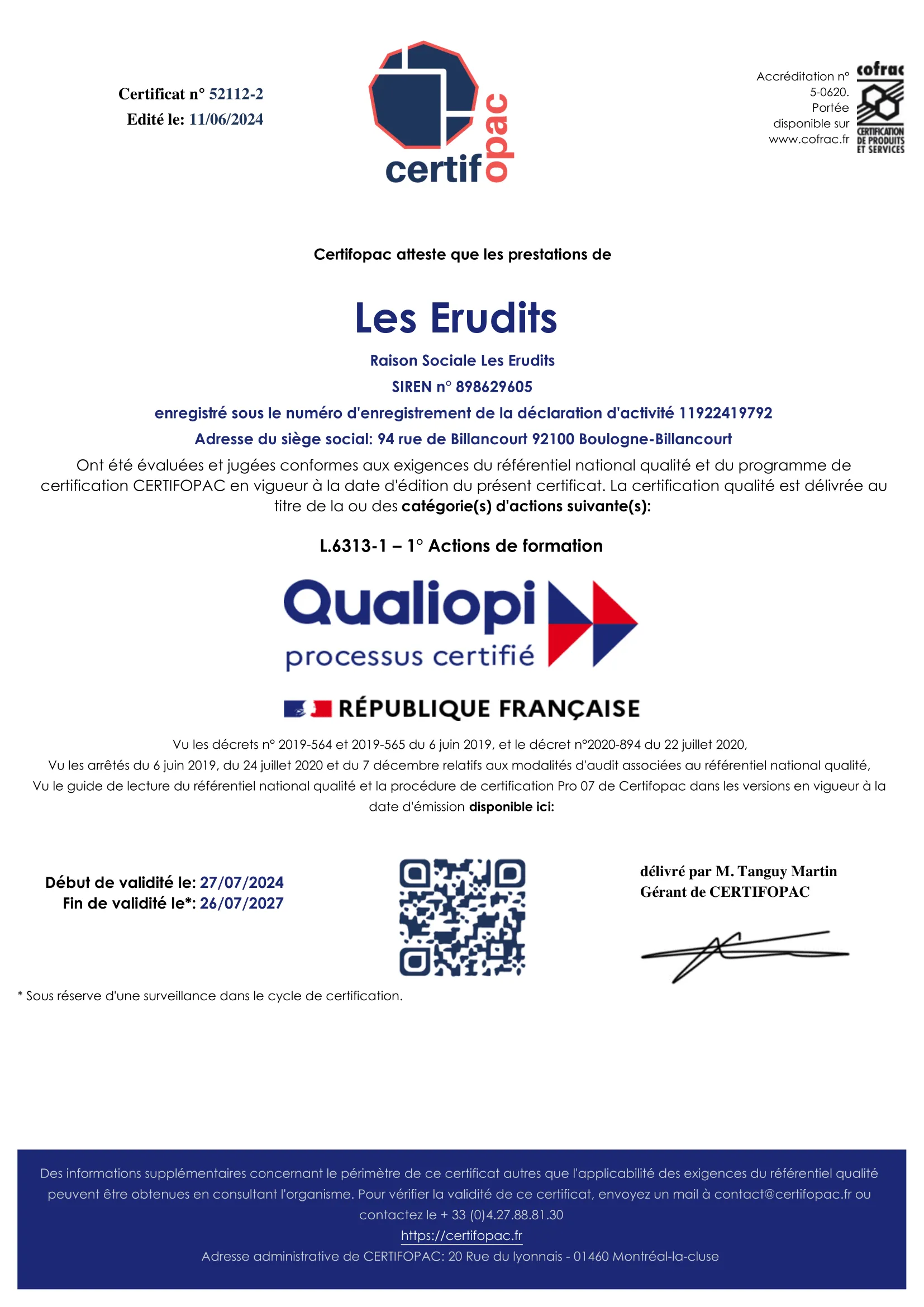 Certification qualiopi "Les erudits"