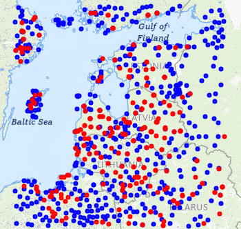 Map of the Baltic Sea region including parts of Estonia, Latvia, Lithuania, Finland, and Belarus, marked with numerous red and blue dots.