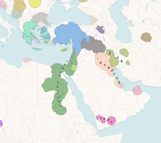 Map showing Ancient Egypt, Babylon, Elam, and surrounding regions in the Middle East and Eastern Mediterranean.