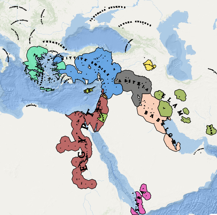 Map of ancient Near East showing colored regions labeled as Egypt, Achaemenid Empire, Babylonia, Assyria, and Sumer with surrounding territories and water bodies.