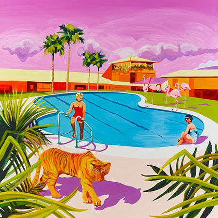 A Ruth Mulvie print of a tiger next to a swimming pool.
