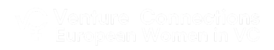 Logo combining VC symbol and gender symbol with text Venture Connections European Women in VC in white on black background.