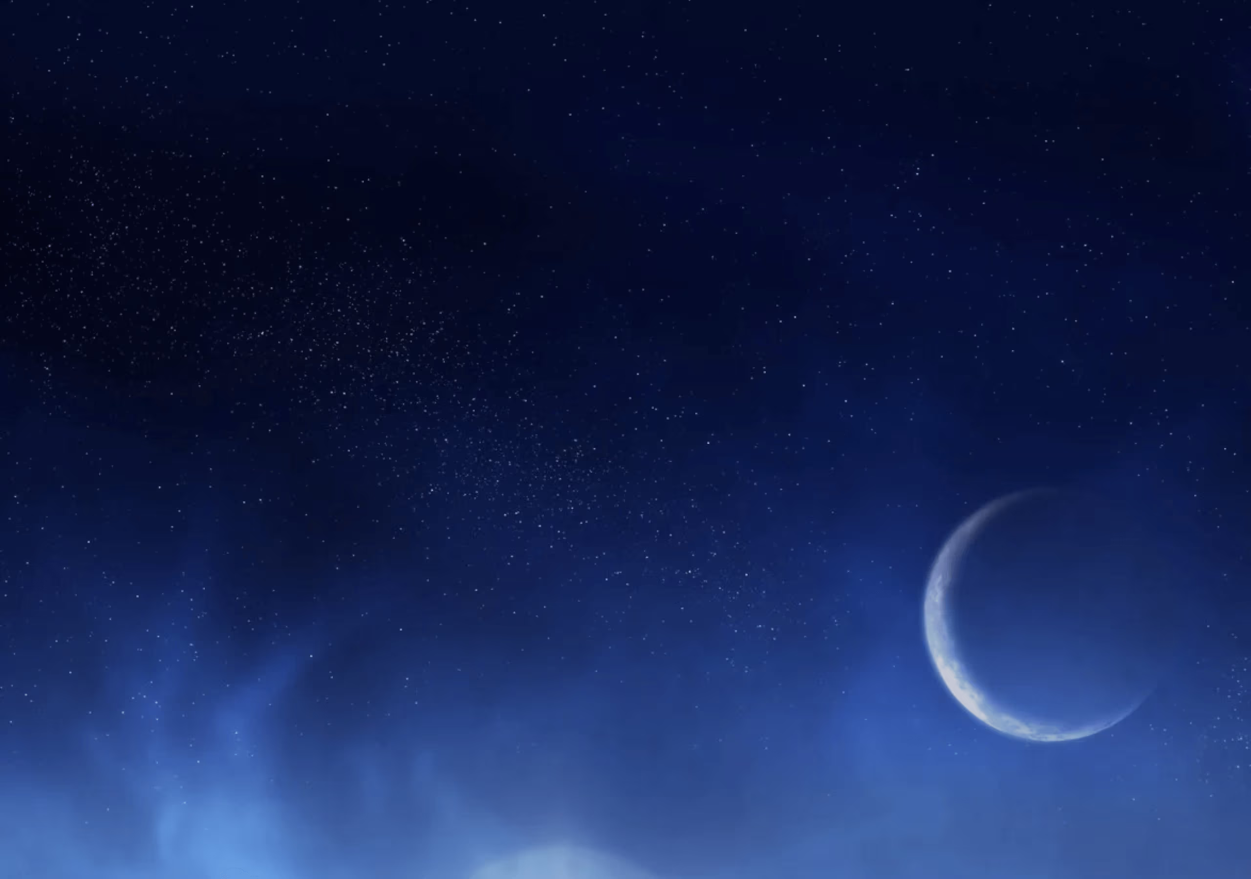 Crescent moon glowing slightly against a dark blue starry night sky with faint clouds.