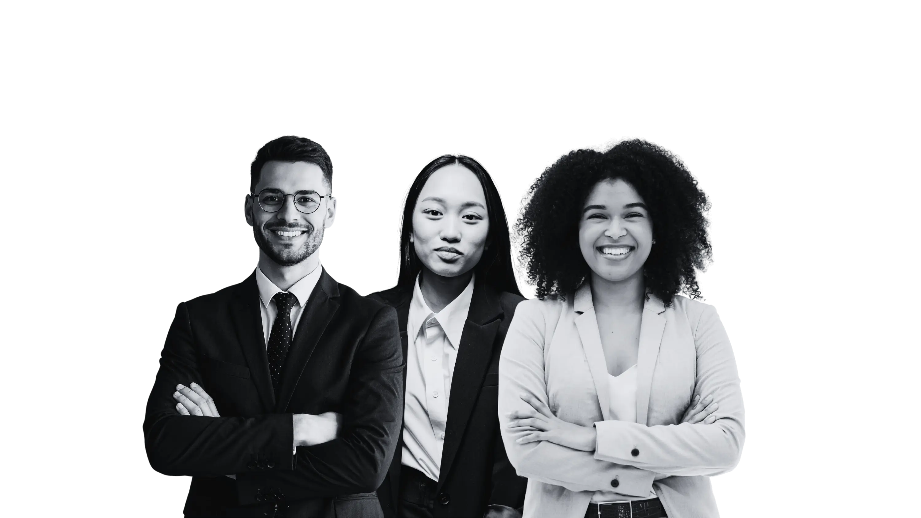 Three women standing side by side, all wearing black outfits, with one woman smiling and the others with neutral expressions.