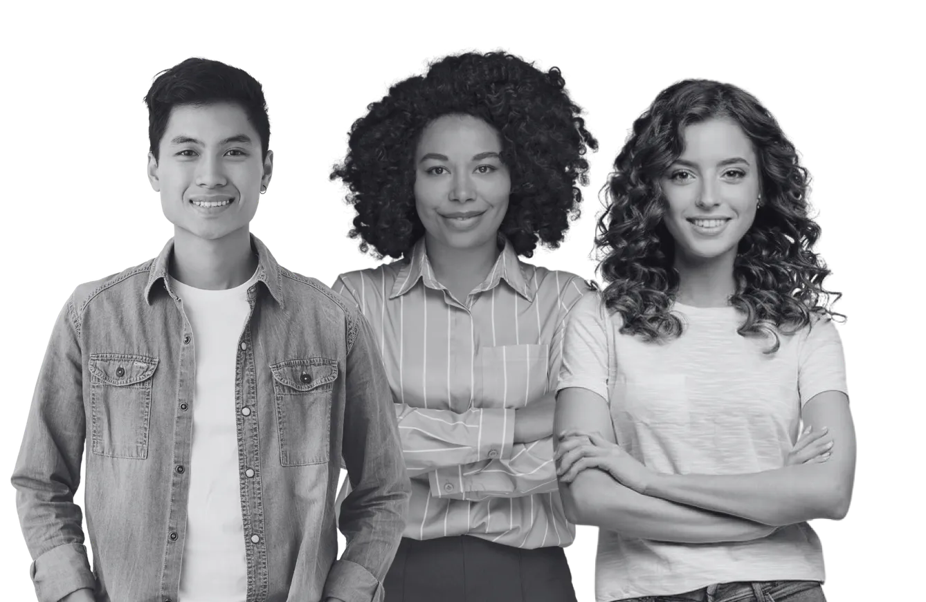 Three women standing side by side, all wearing black outfits, with one woman smiling and the others with neutral expressions.