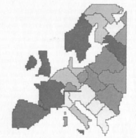 The resulting map of Europe after running the formula for the period from 500 to 1800 AD: the borders of Spain, France, the United Kingdom, Sweden, Greece, and Poland.