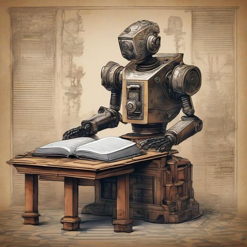 A robot at desk with book, engrossed in reading Historica's blog