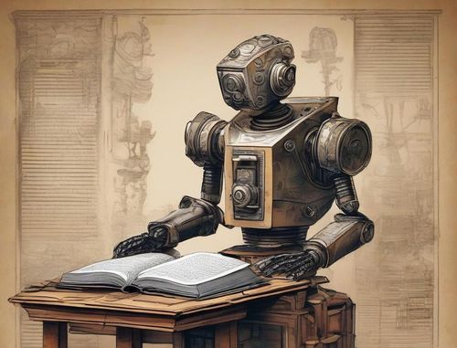 A robot at desk with book, engrossed in reading Historica's blog