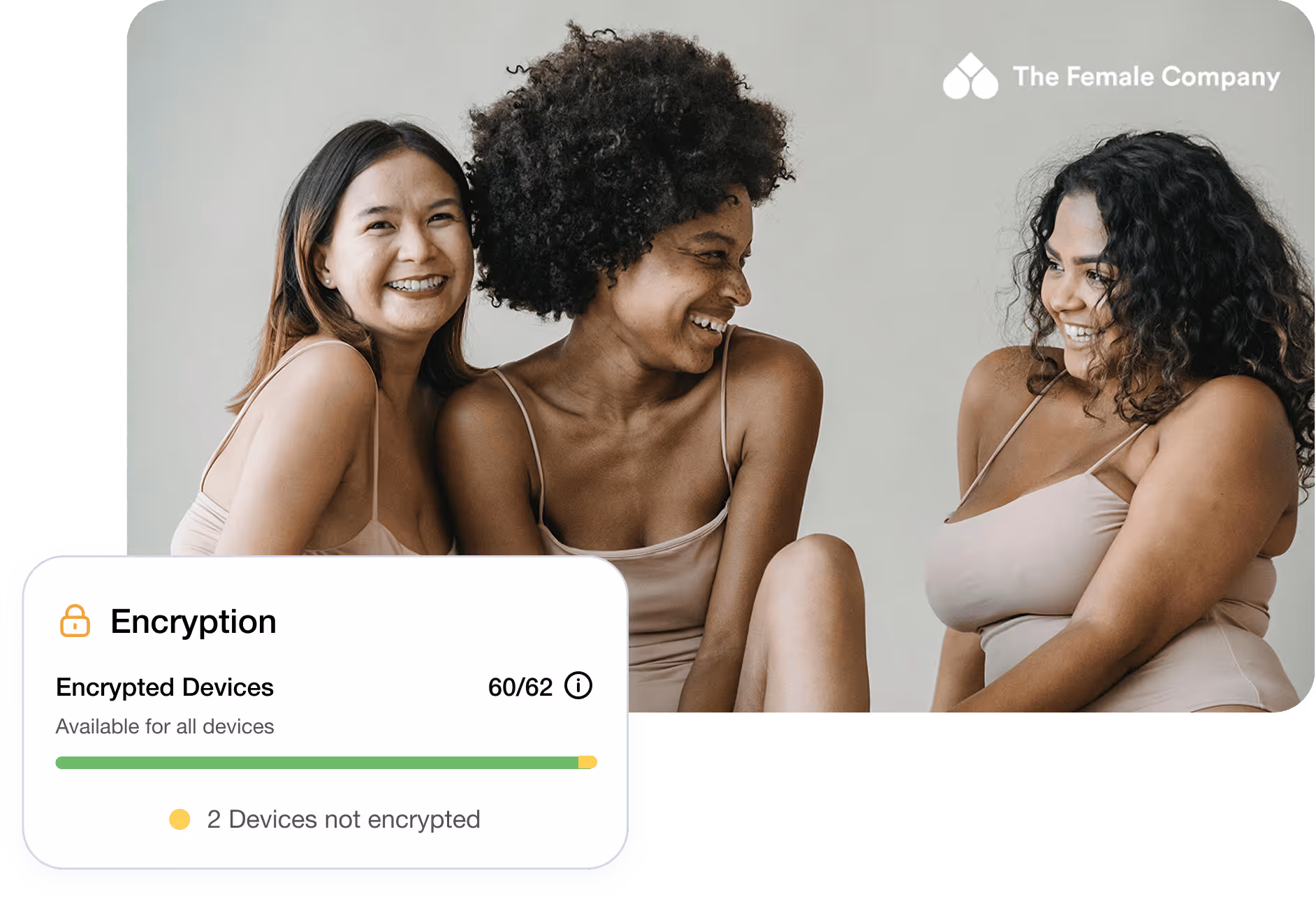 Three women sitting together, smiling and laughing with an overlay showing "Encryption".