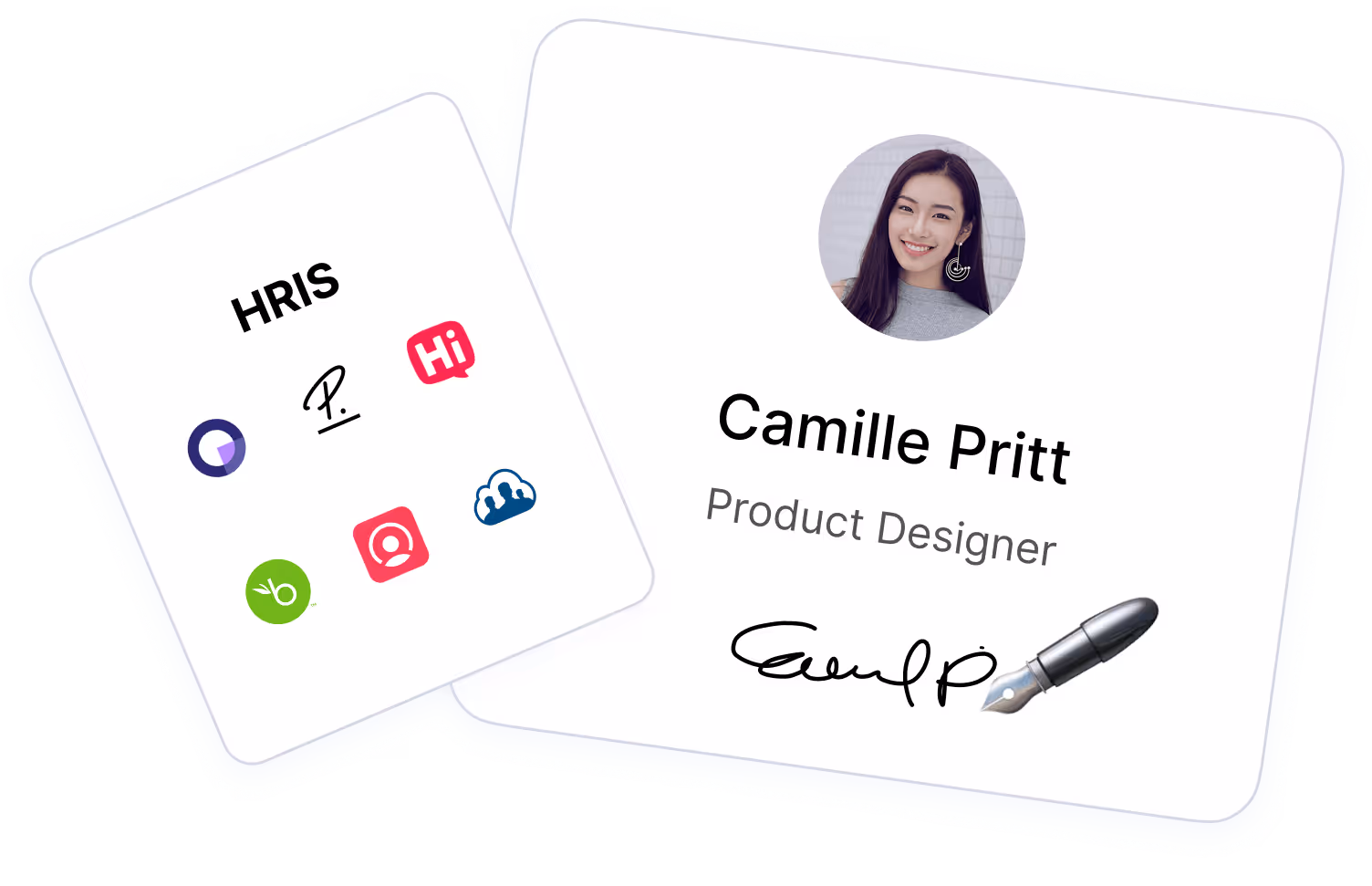 ID card and HRIS system interface showcasing Camille Pritt's profile as a product designer.