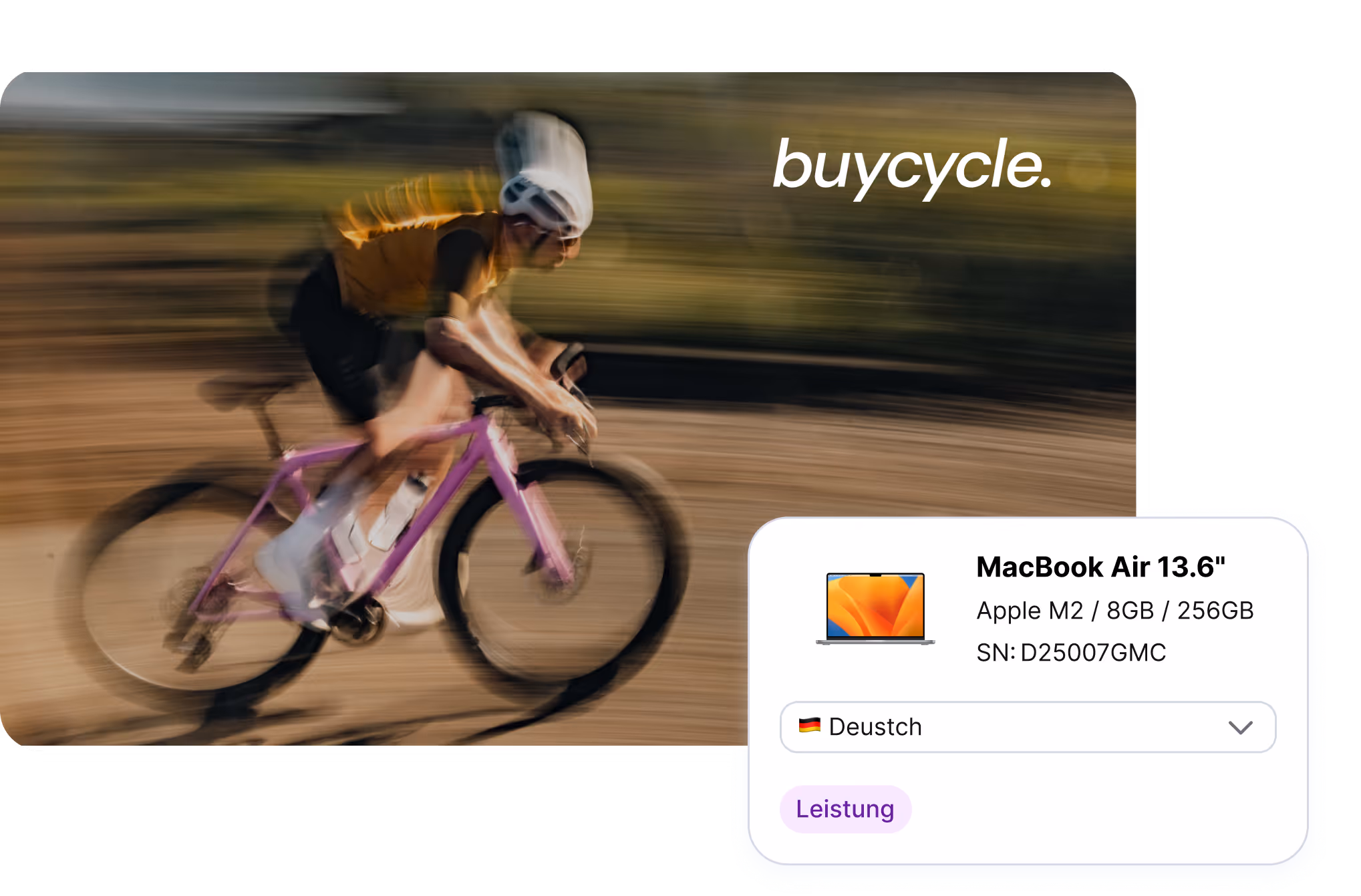 A person riding a bicycle with the word "buycycle" in the background, accompanied by an image of a MacBook Air 13.6".