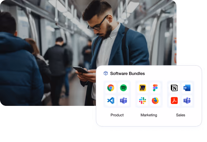 A man in a suit is using his phone while standing on a subway train. Overlay "Software Bundle" with different app categories and icons