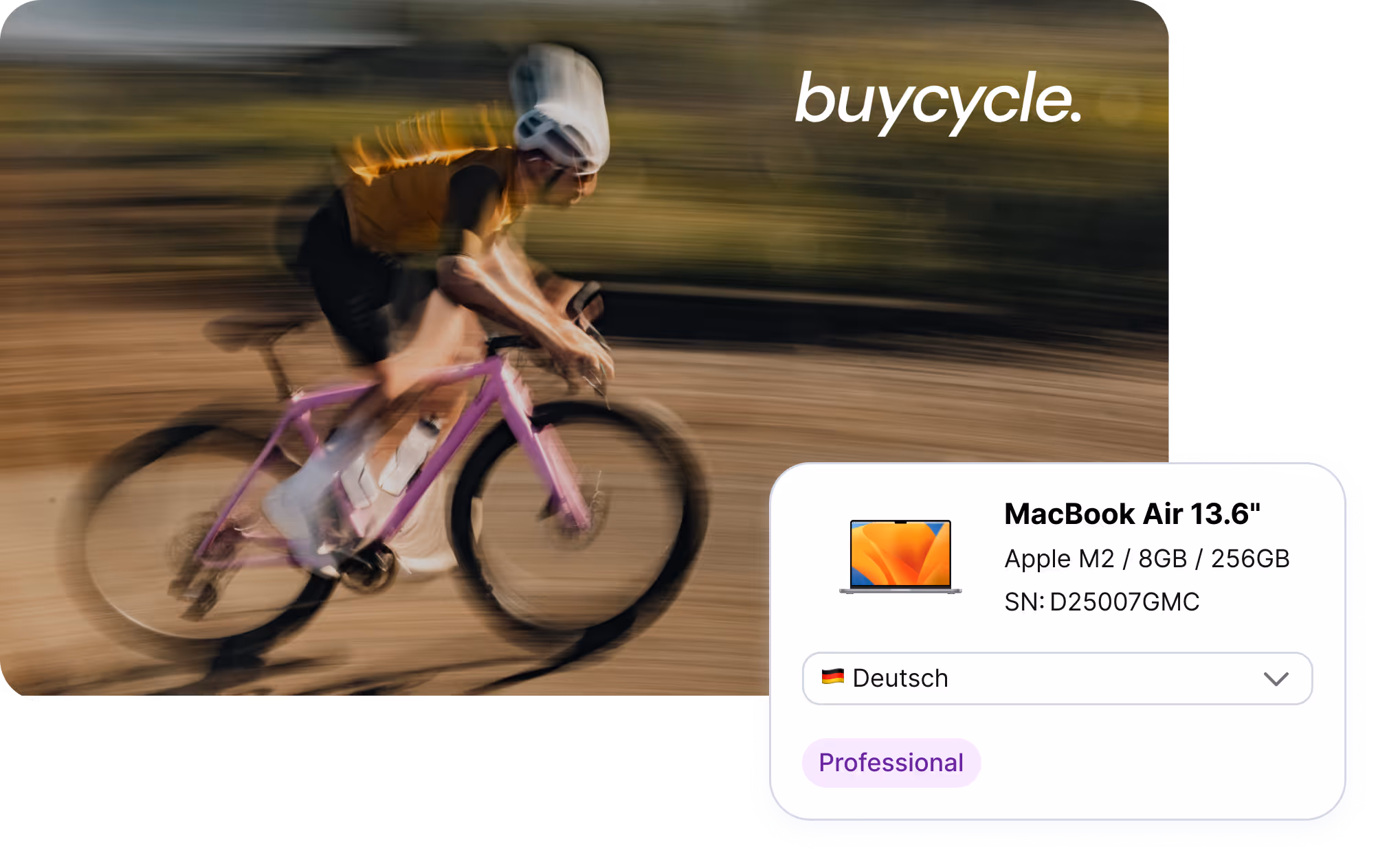 A person riding a bicycle with the word "buycycle" in the background, accompanied by an image of a MacBook Air 13.6".