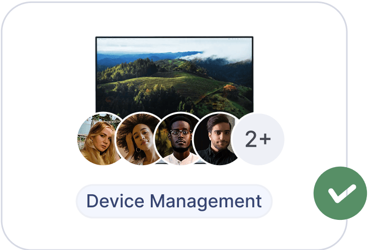 The image shows a user interface element labeled "Device Management" with four profile pictures in front of a laptop, indicating multiple users involved in managing devices. A checkmark icon signifies completion of actions.
