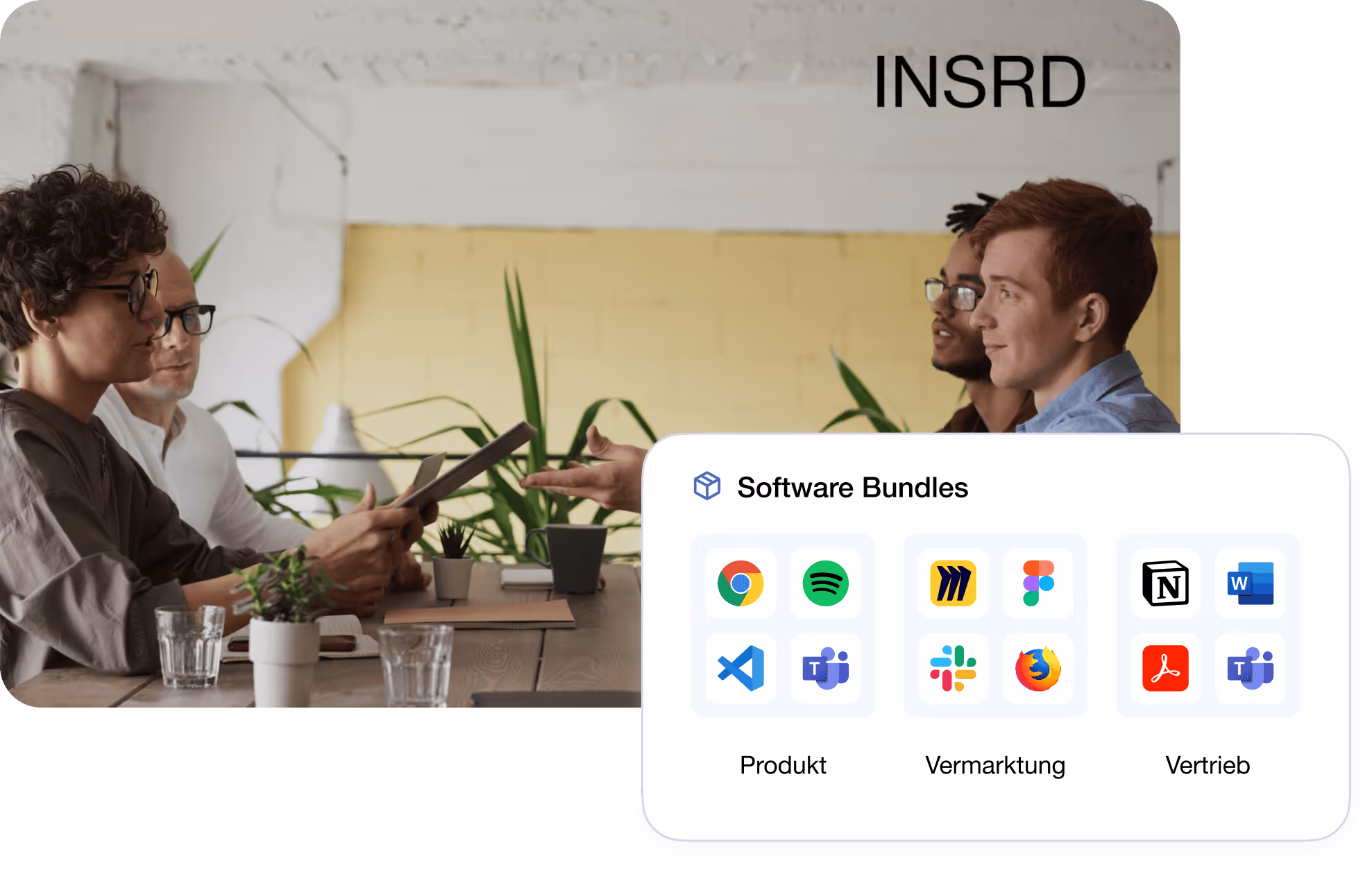 Ein Team von Menschen sitzt um einen Tisch herum, während sie deeploi mit verschiedenen Software-Bundles betrachten. Im Hintergrund ist eine Pflanze und eine Wand zu sehen. Oben rechts im Bild steht der Text "INSRD".