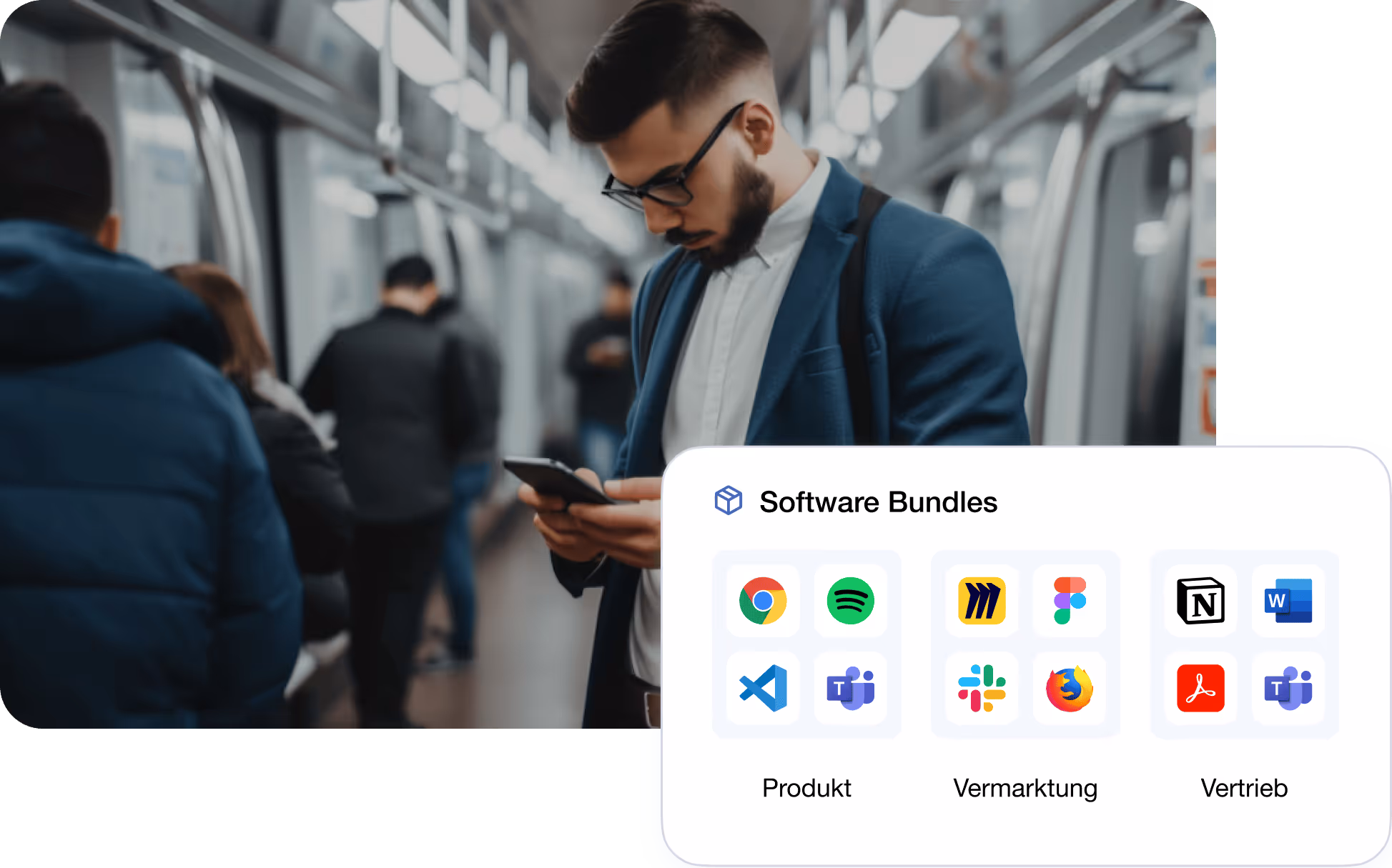 Ein Mann in einem Anzug benutzt sein Handy, während er in einer U-Bahn steht. Überlagerung „Software-Bundle“ mit verschiedenen App-Kategorien und Symbolen