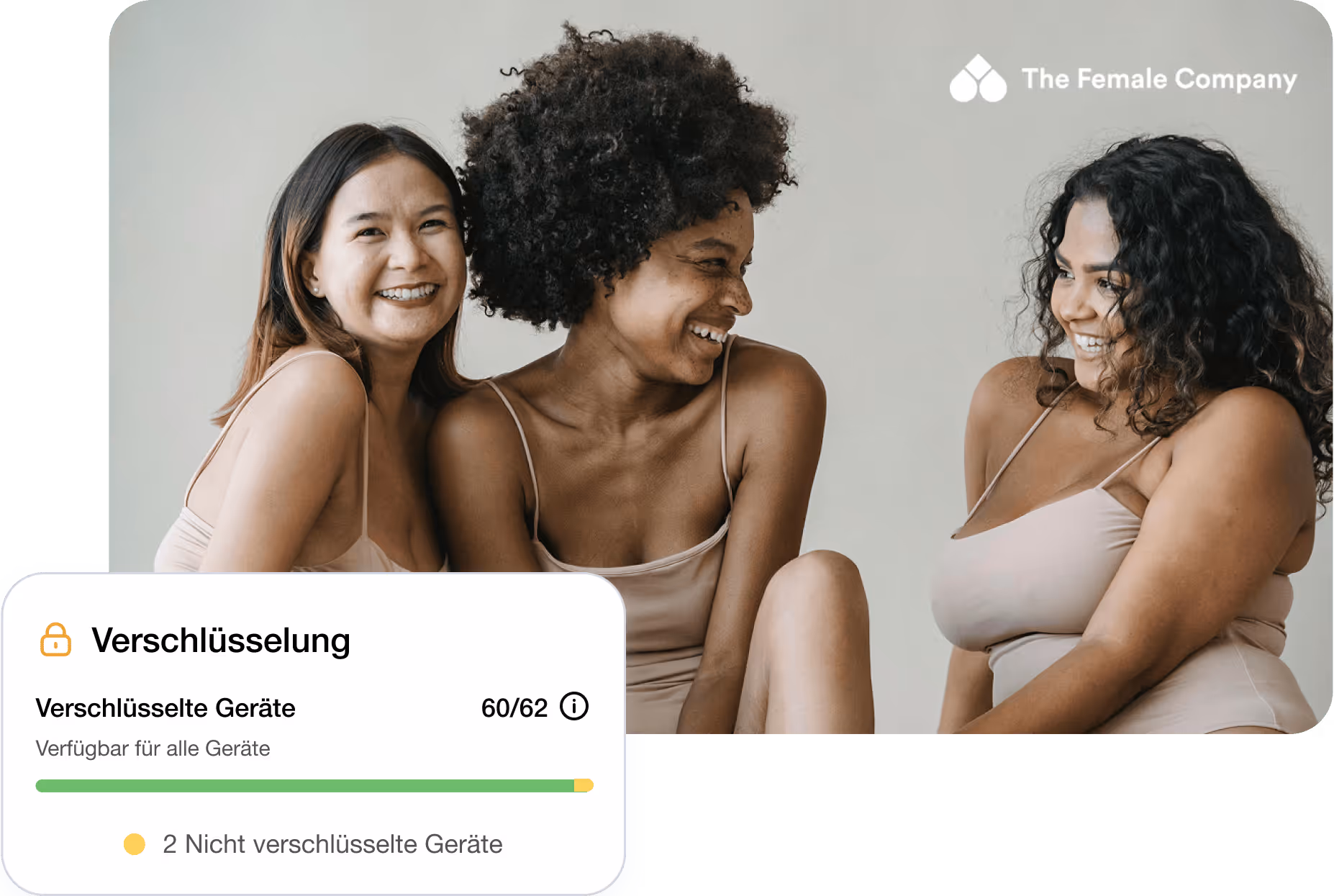 Drei Frauen sitzen zusammen, lächeln und lachen, mit einer Überlagerung, auf der „Verschlüsselung“ steht.