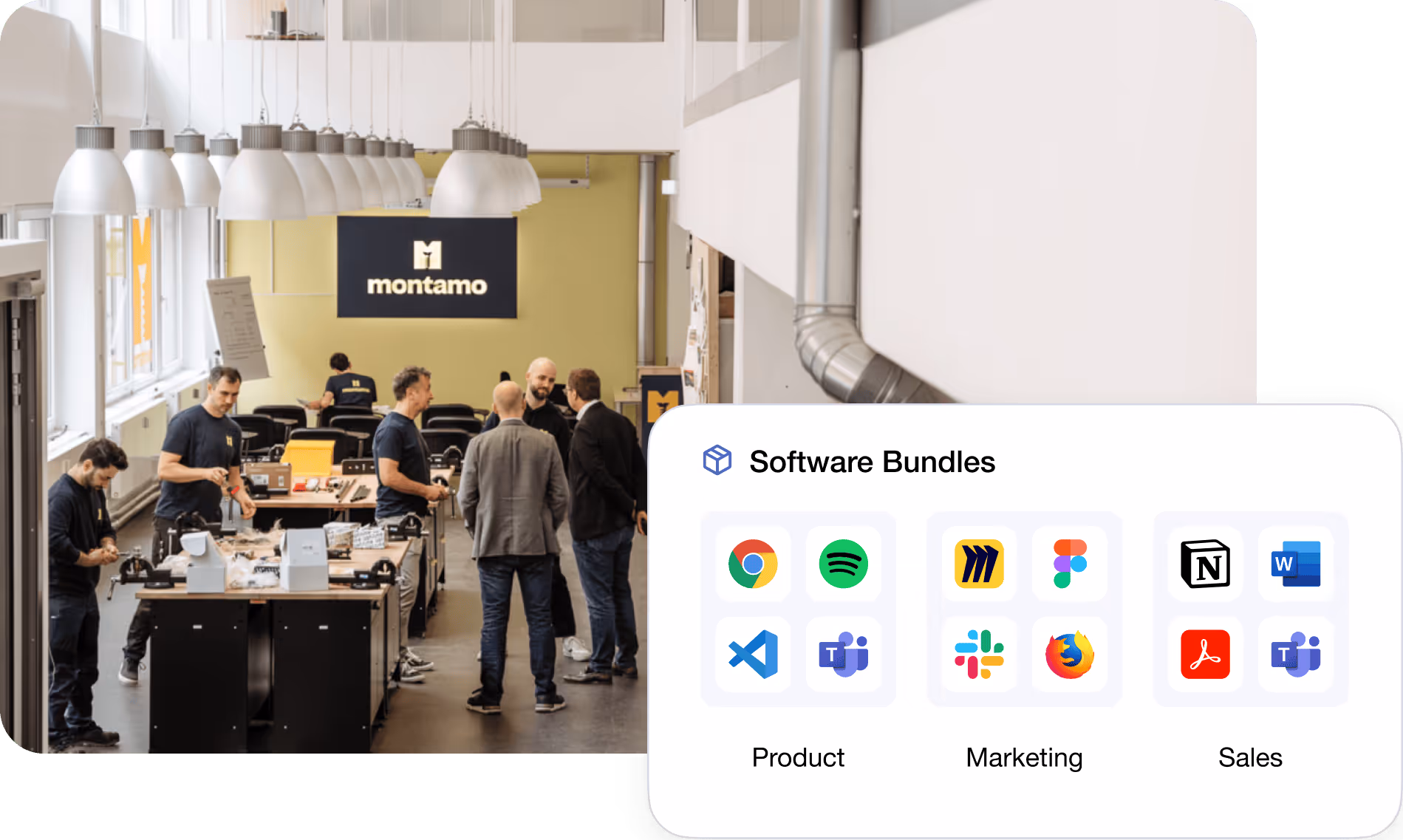 A modern office setting with people collaborating, featuring software bundles for Product, Marketing, and Sales.