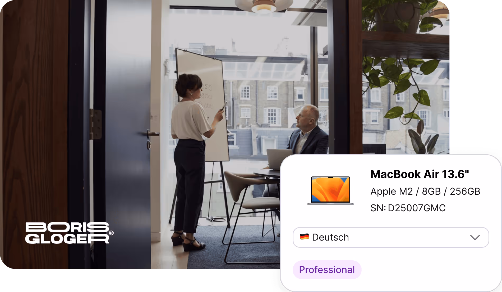 A picture of a professional meeting in progress with an overlay showing a MacBook Air's specifications and language settings displayed.