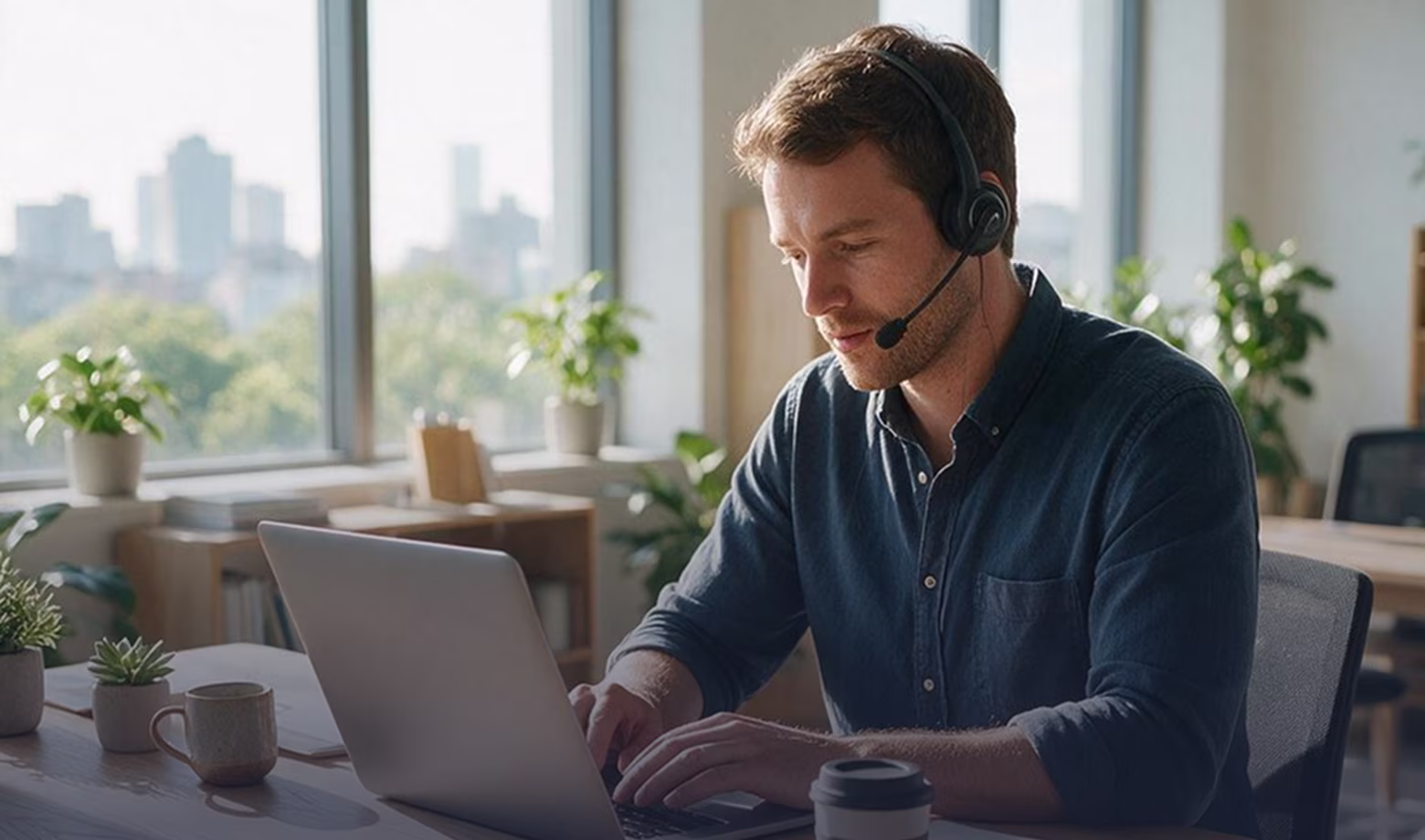 Mitarbeiter mit Headset arbeitet am Laptop mit Blick über die Stadt
