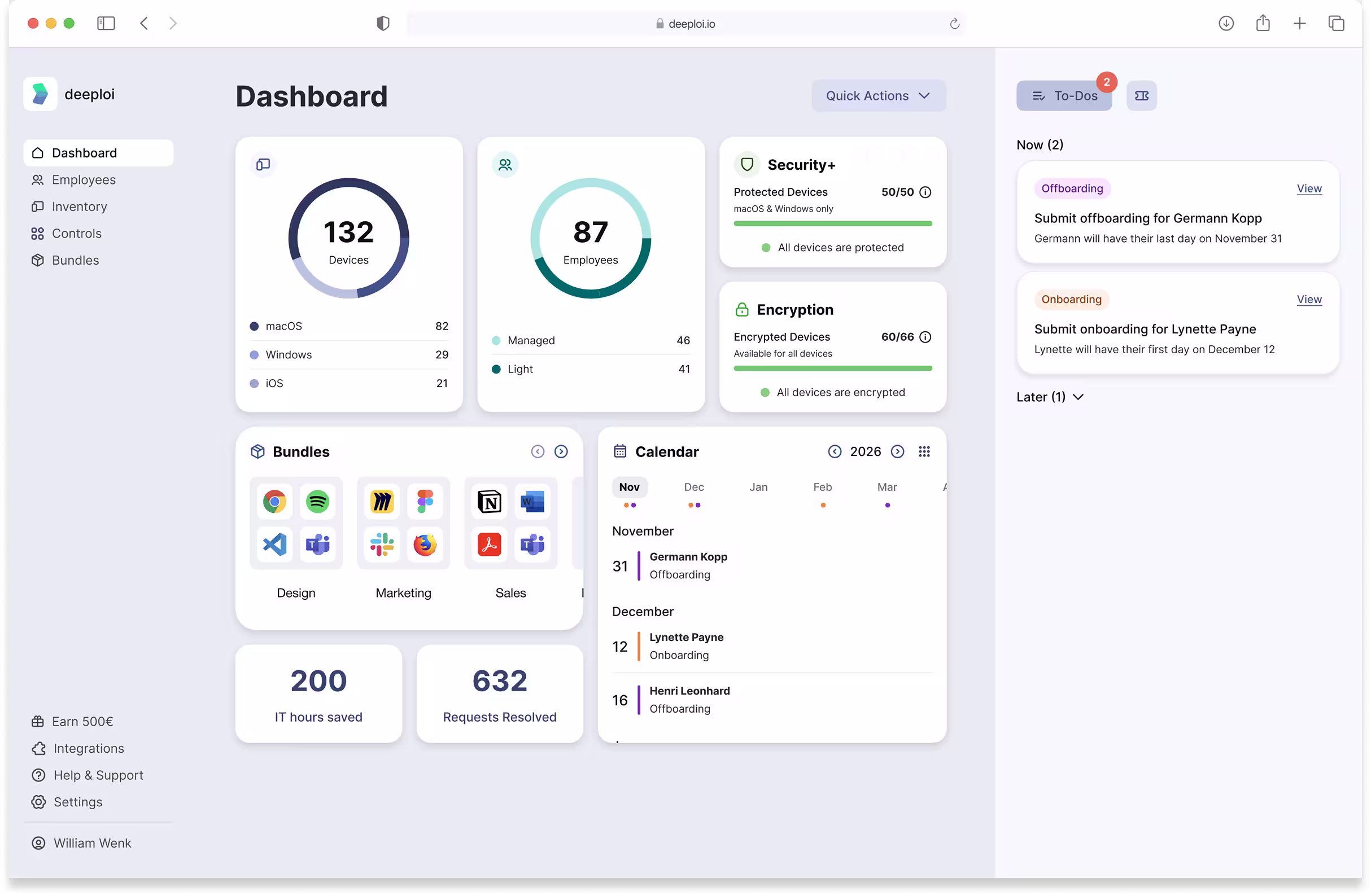 deeploi Dashboard mit Übersicht zu Geräten, Lizenzen und offenen IT-Tickets