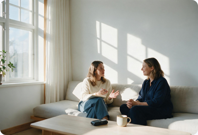 Two people in conversation on a sofa