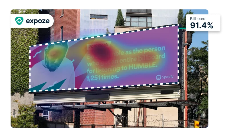 Attention heatmap generated by expoze.io showing predicted viewer focus on a Spotify billboard, with highlighted areas indicating the most engaging elements.