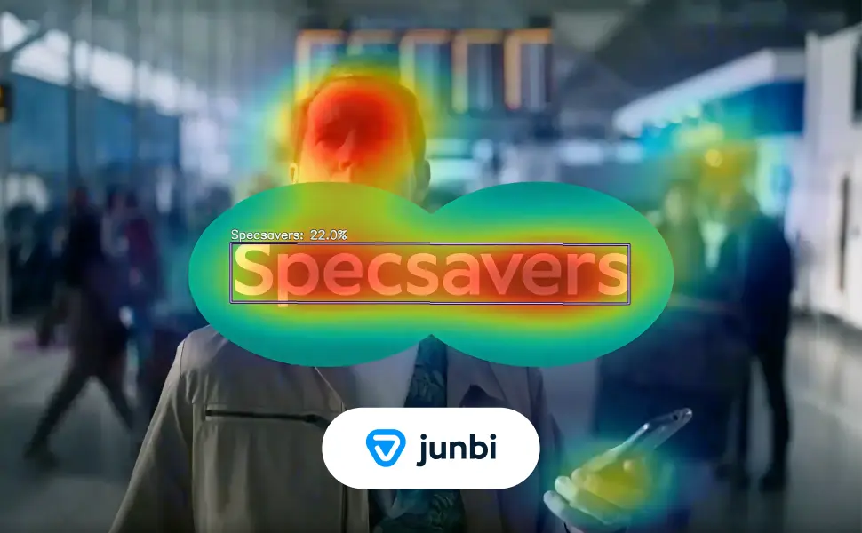 junbi predictive heatmap showing intense visual attention concentrated on the Specsavers logo added to fix narrative tunnel vision in their viral airport ad.