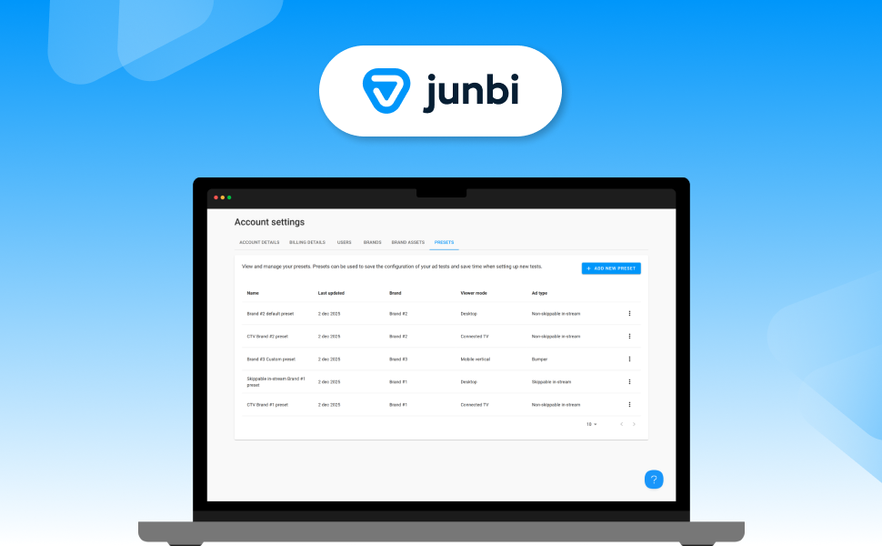 An image with a blue background, the junbi logo and a device showing the presets overview page