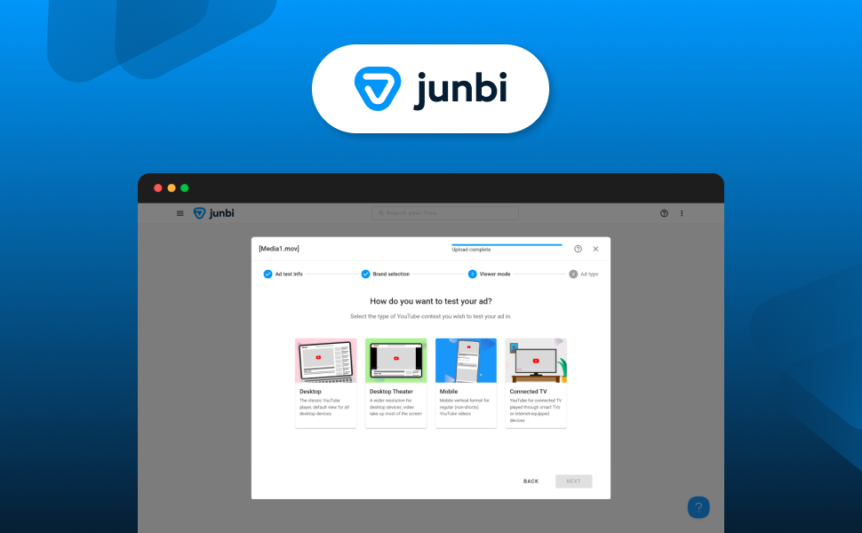 Junbi dashboard with "upload your video option" displaying four YouTube contexts to test ads