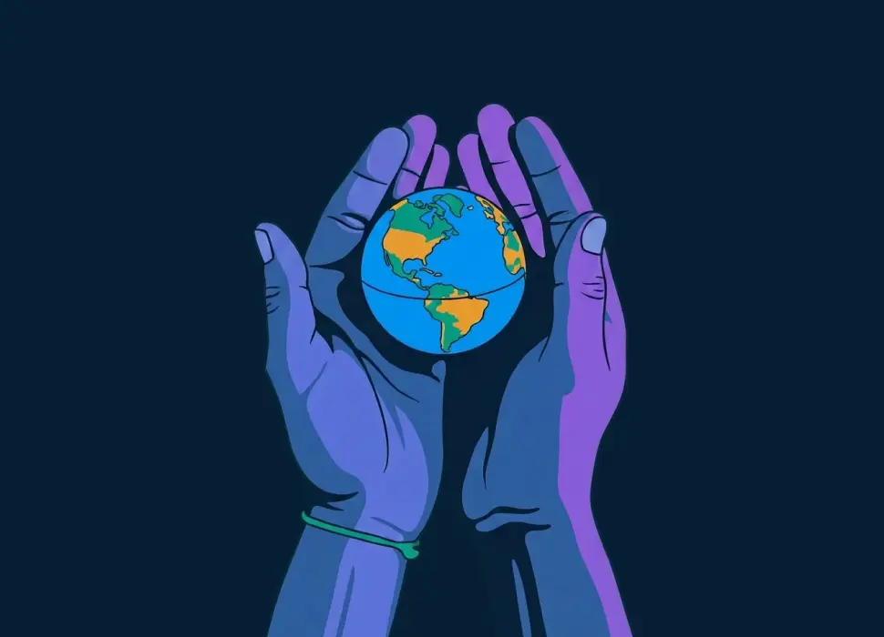 Illustration of two hands gently holding a globe, representing universal human attention across diverse cultures.