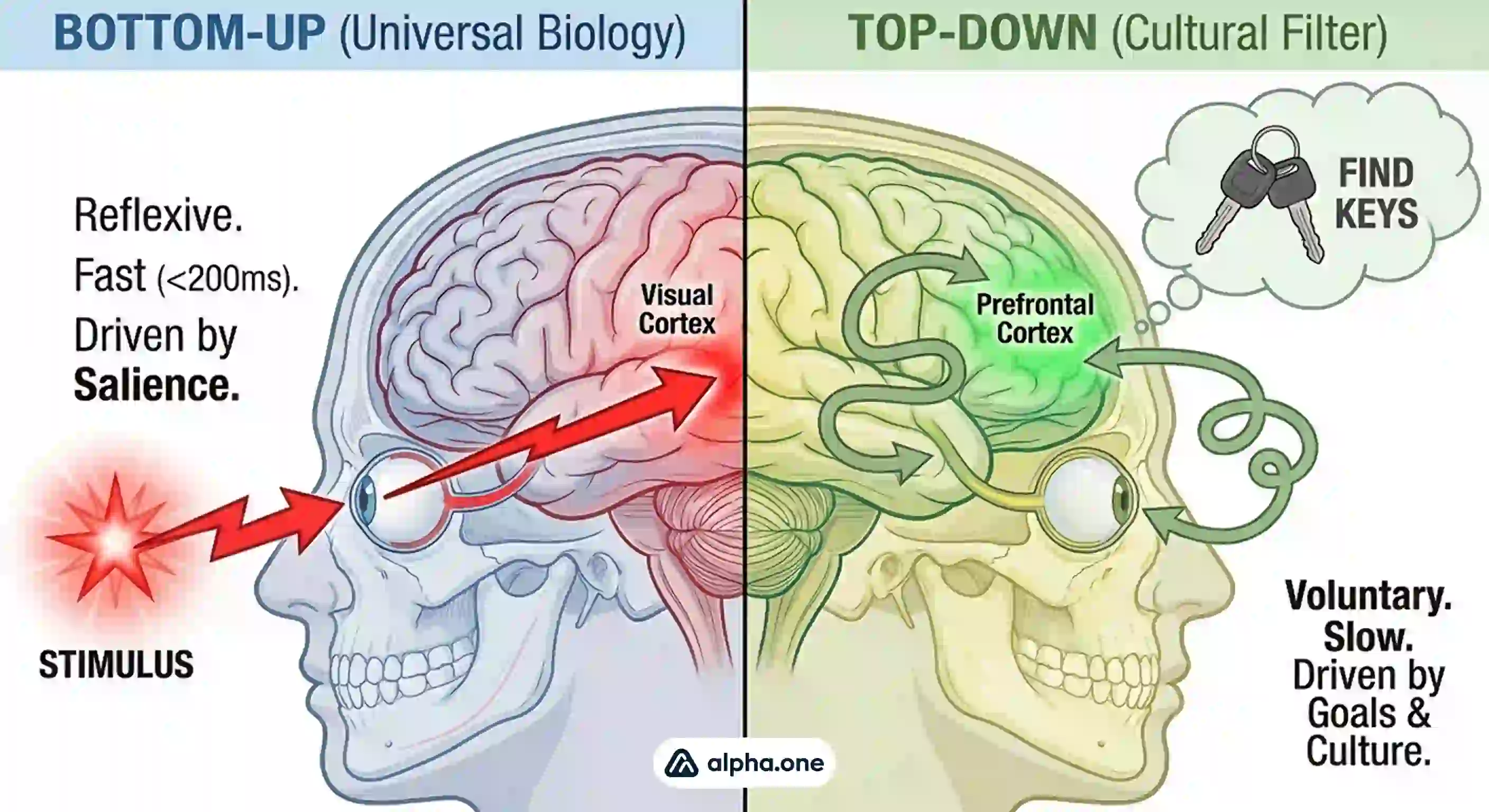 Split diagram of the human brain comparing bottom-up reflexive attention driven by salience versus top-down voluntary attention driven by cultural goals.