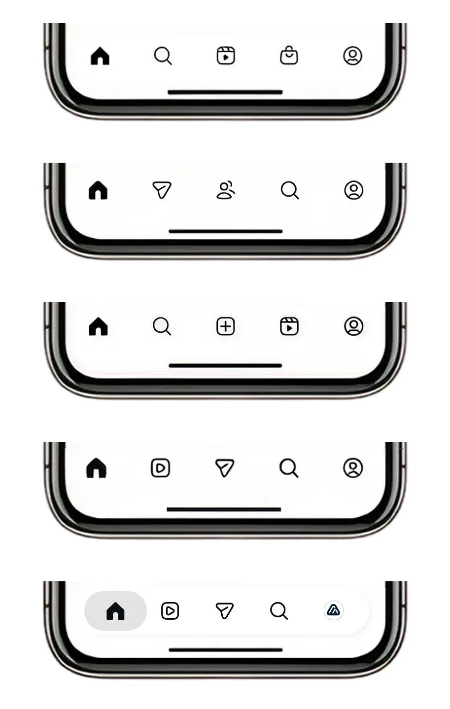 Stack of five different Instagram mobile navigation bars. The layout varies between users, with the "Shop," "Reels," and "Create (+)" icons changing positions or disappearing entirely based on the user's behavioral profile.