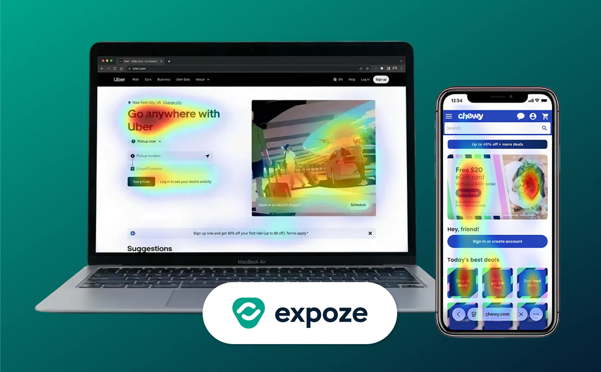 Header image showing expoze.io predictive attention heatmaps applied to the Uber desktop site and Chewy mobile app, illustrating AI-driven UX testing across different devices and industries.