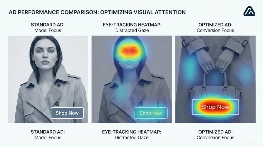 A three-panel ad performance comparison showcasing the 'Visual Vampire' effect: the first panel shows a standard fashion ad with a model, the second panel displays a predictive eye-tracking heatmap revealing attention is trapped on the model's face (distracted gaze), and the third panel shows an optimized version where cropping and composition focus the heatmap's 'Hot Spot' directly on the product and 'Shop Now' CTA.
