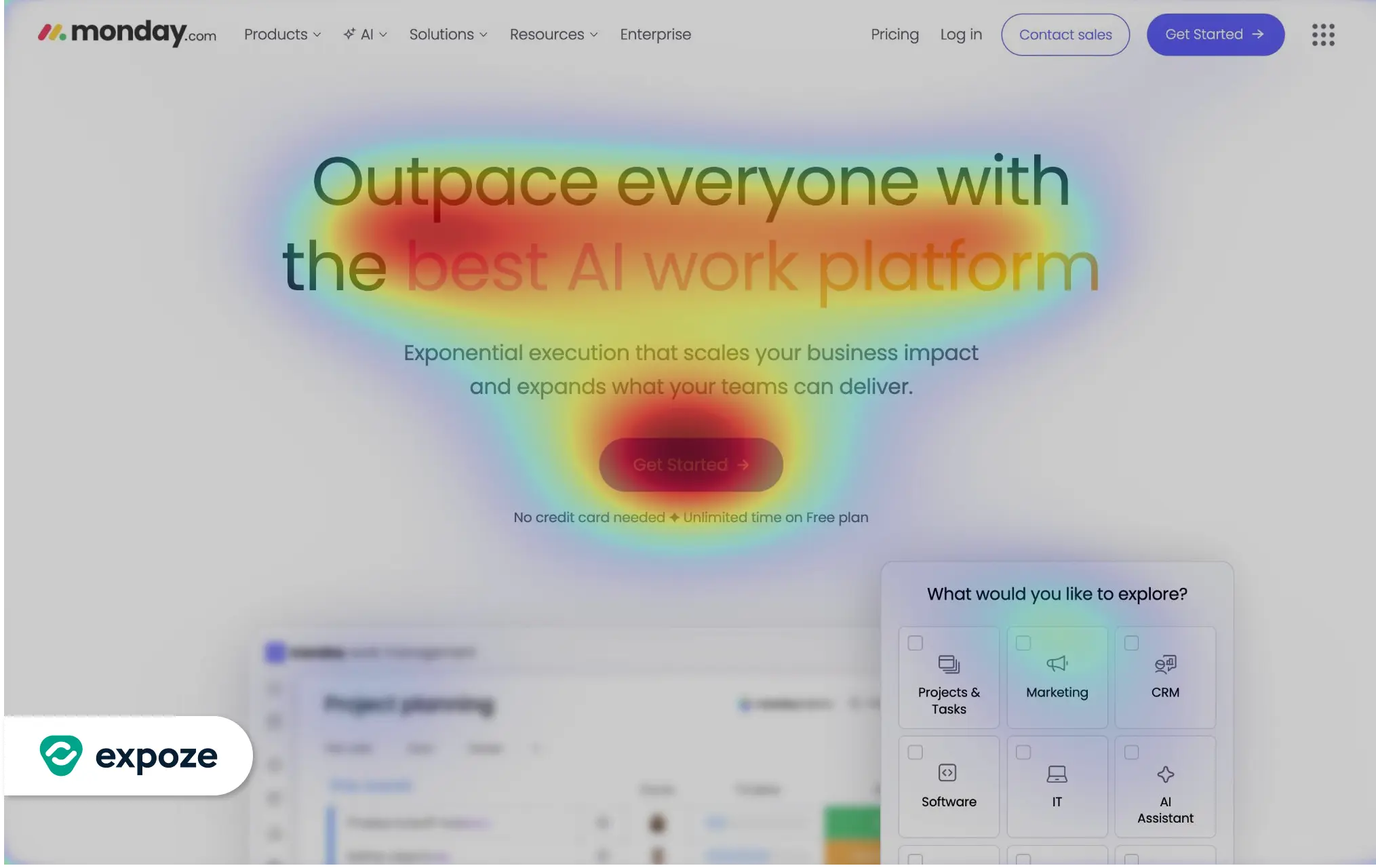 A predictive eye-tracking heatmap analysis of the Monday.com landing page, showing high visual salience on the 'Get Started' CTA and optimized attention distribution across the value proposition and feature exploration cards.