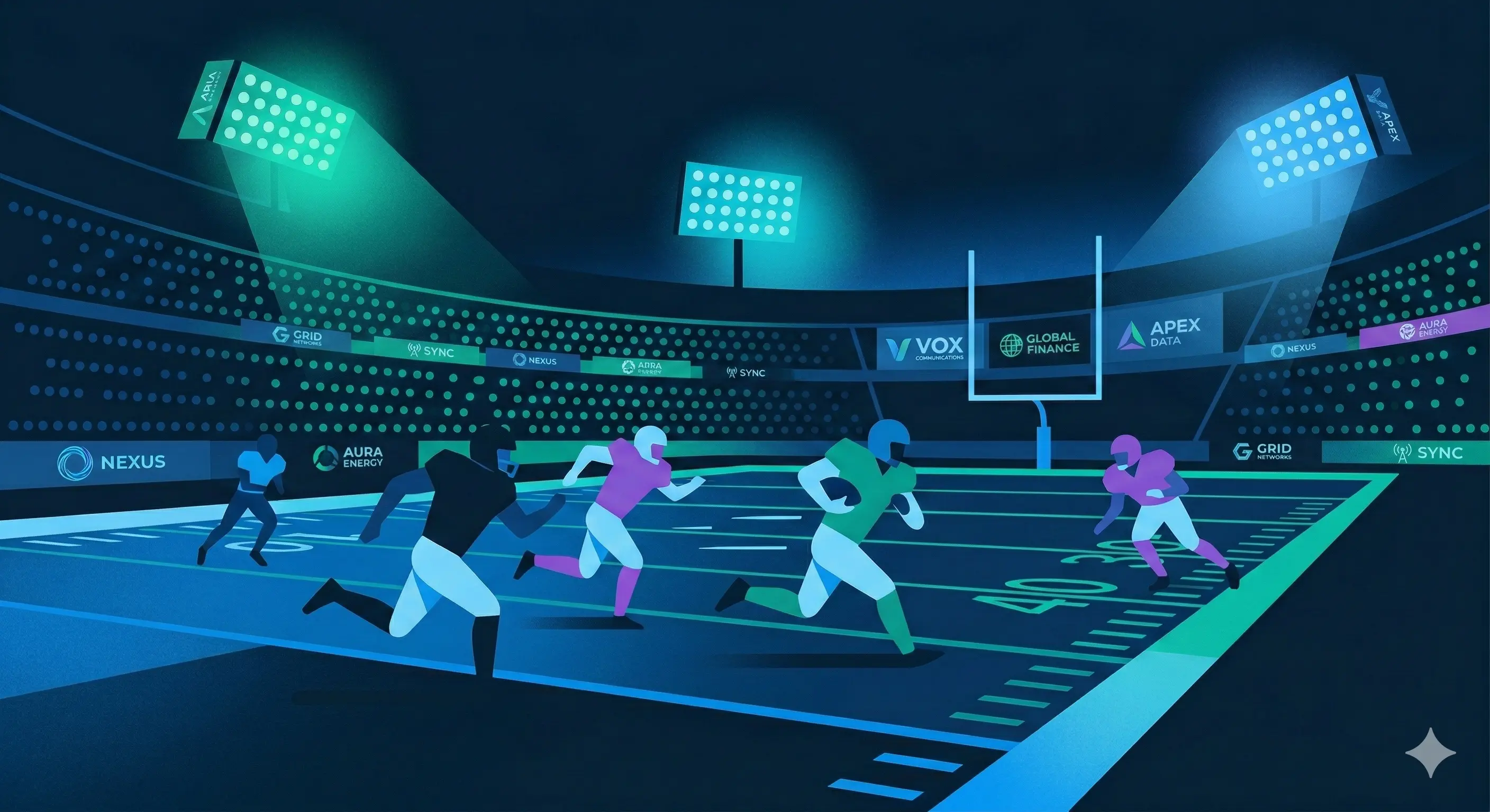 An illustration of the Super Bowl 2026 (LX) match, used as a focal point for alpha.one's neural branding audit and Attention-AI performance review.