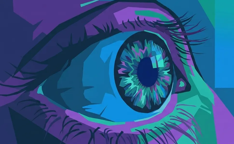 A sleek, scientific illustration of a human eye in cool blue and purple tones, representing the biological basis of eye-tracking research and the measurement of attentional synchrony in video advertising.