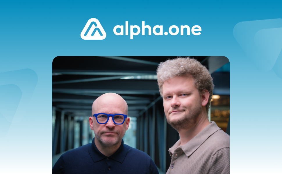 Co-founders Coen Olde Olthof and Daan van der Wiele of alpha.one, an applied neuroscience and AI marketing company, pictured below the official alpha.one brand logo on a blue gradient background.