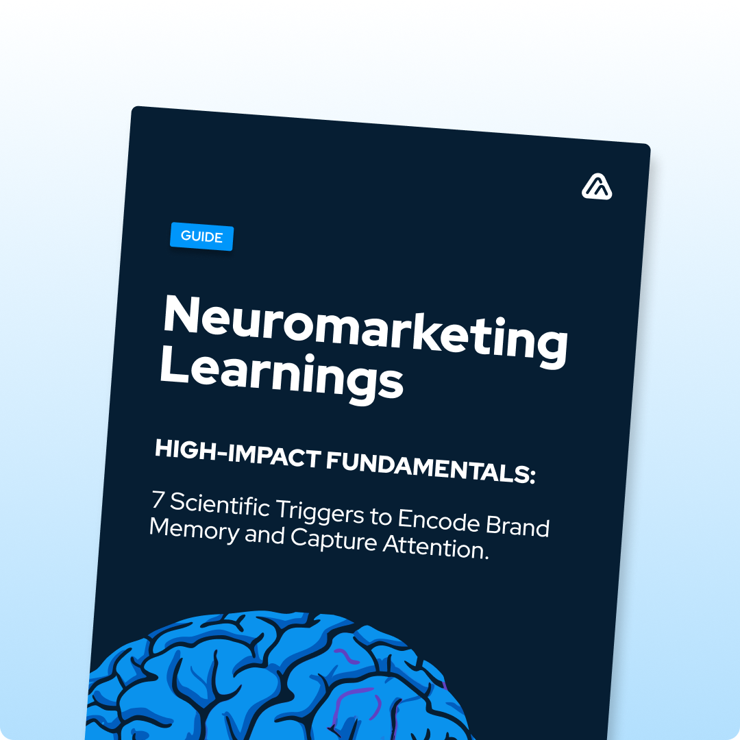 Digital guide cover titled "Neuromarketing Learnings: High-Impact Fundamentals" with the subtitle "7 Scientific Triggers to Encode Brand Memory and Capture Attention." The design features white text on a dark blue background with an illustration of a human brain at the bottom.