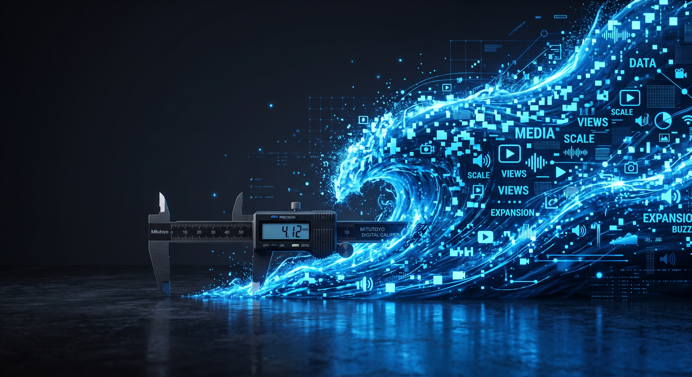 Digital caliper measuring 4.12 mm next to a surging wave of glowing blue data, media icons, and keywords like scale, views, and expansion.