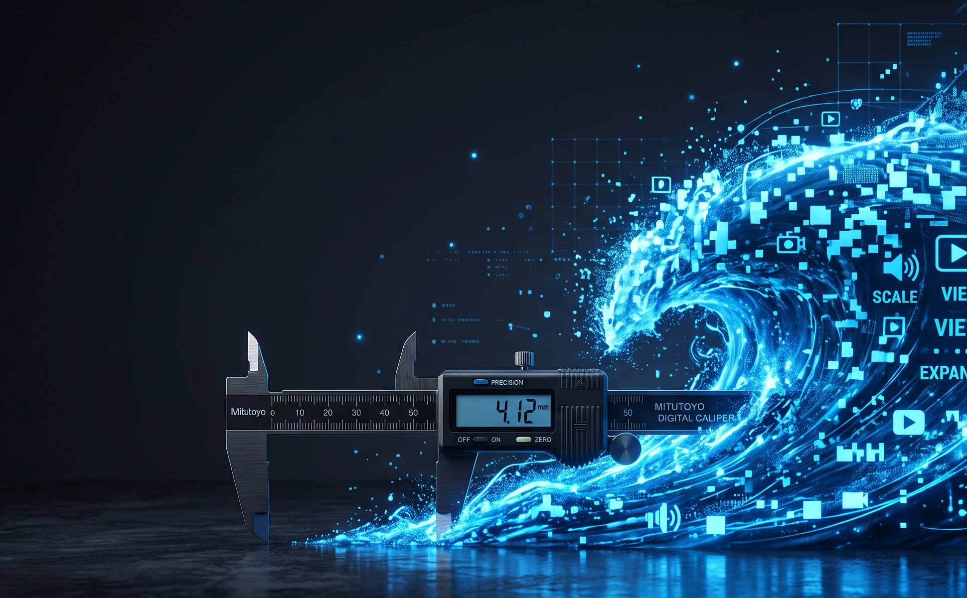 Digital caliper measuring 4.12 mm next to a surging wave of glowing blue data, media icons, and keywords like scale, views, and expansion.