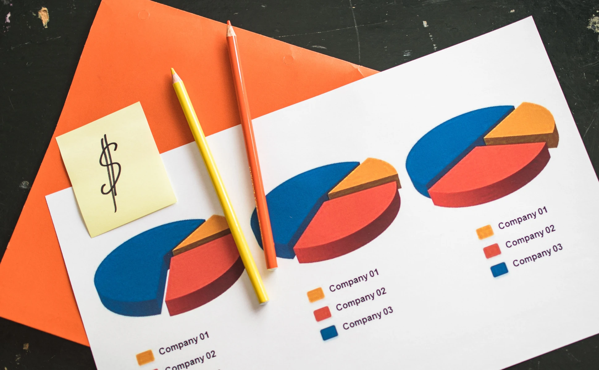 Business market research document displaying pie chart data analysis, company financial metrics, and magnifying glass.