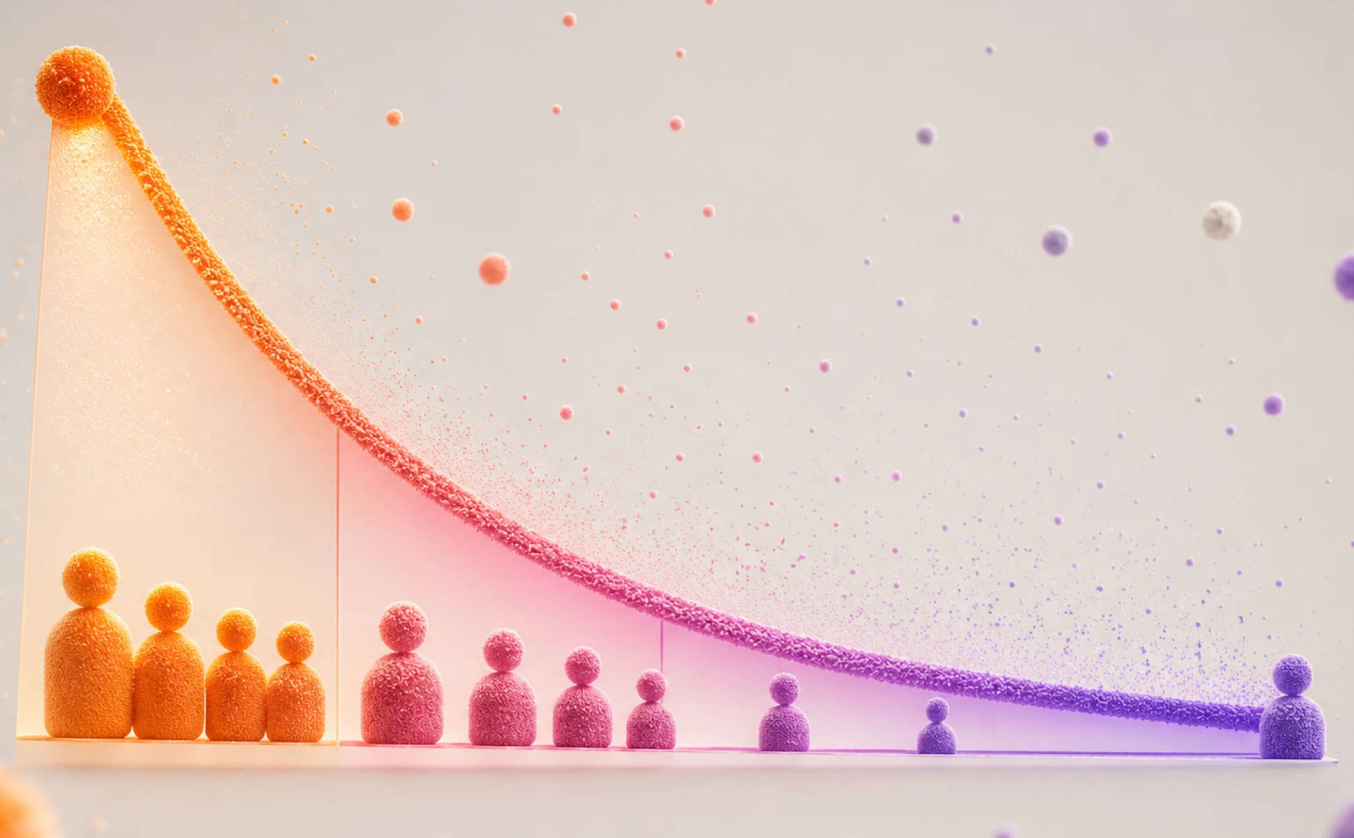 A conceptual, textural graph showing a declining curve of fuzzy balls over smaller figures, shifting color from orange to pink to purple on a light backdrop.
