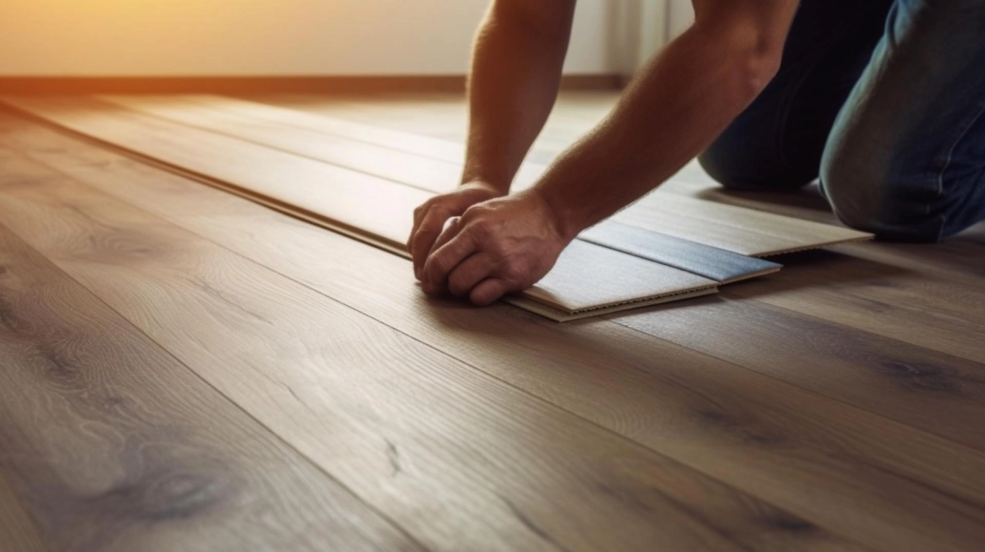 Nærbilde av en profesjonell gulvlegger i Oslo fra DLD Maling og Snekring som legger gulv