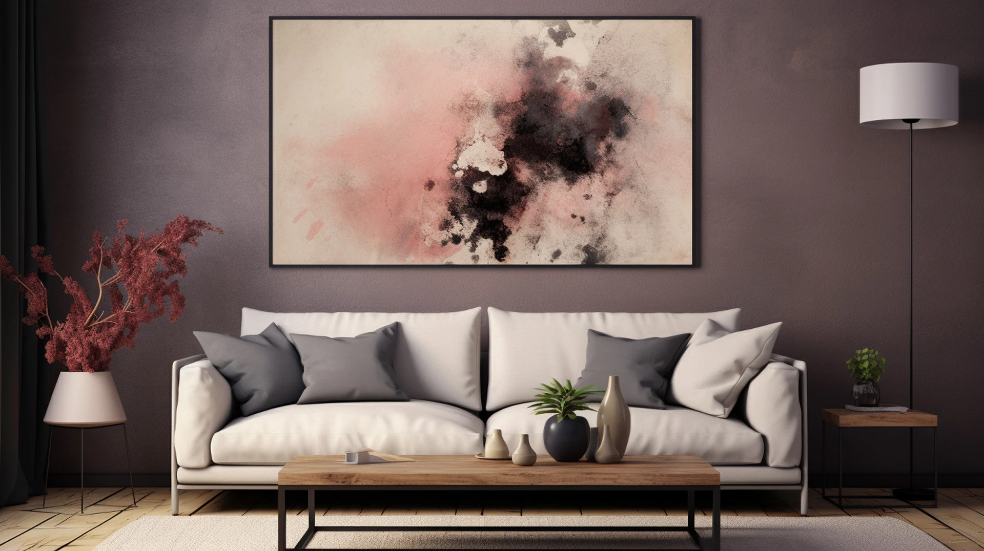 En innredet stue med sofa, sofabord, lampe og et nydelig bilde som henger på stueveggen malt av DLD Maling og snekring - ditt malerfirma i Oslo